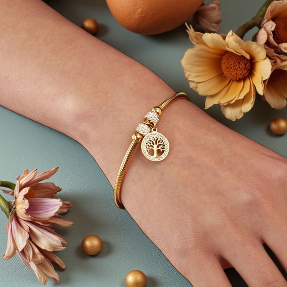 ๐๏ธ18K Gold Plated Stainless Steel Bangle with Tree of Life Charm FREE Earrings - Picture 9 of 13